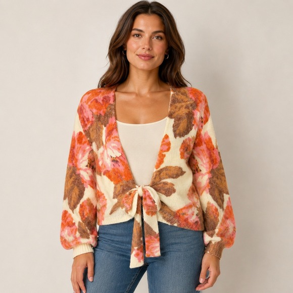 Sézane Sweaters - Sézane Floral Tie-Front Cardigan Women Small Cream Orange Mohair Wool Knit 8915